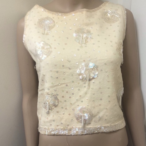 VTG 60s Vanilla Sleeveless Sequins Beaded Sweater Lined Wool Tassels Back Zip - Picture 1 of 9